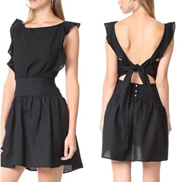 Free People Ruffle Trim Cut Out Erin Mini Dress Black Linen Womens Size XS NWT - Picture 2 of 10
